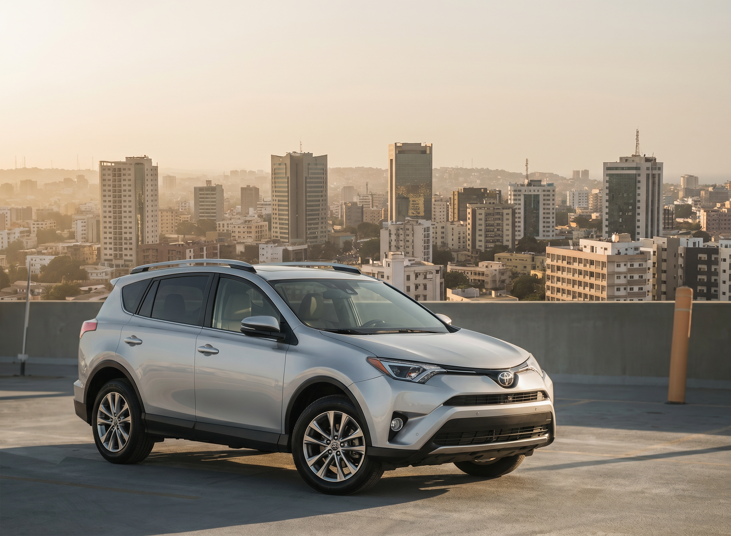 Toyota RAV4 Teranga Drive devant les toits de Dakar au coucher du soleil